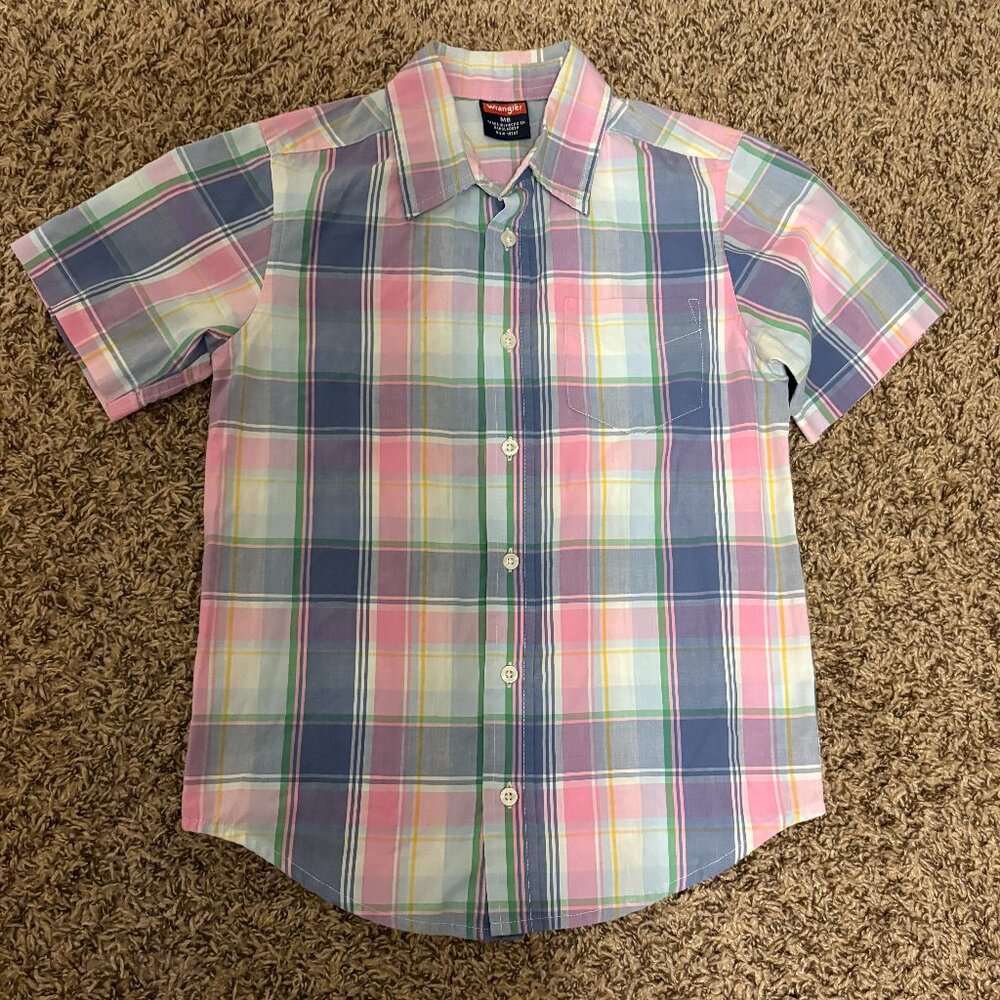 Wrangler Button Up Shirt Medium 8 Short Sleeve Plaid Pink, Blue, White Pocket